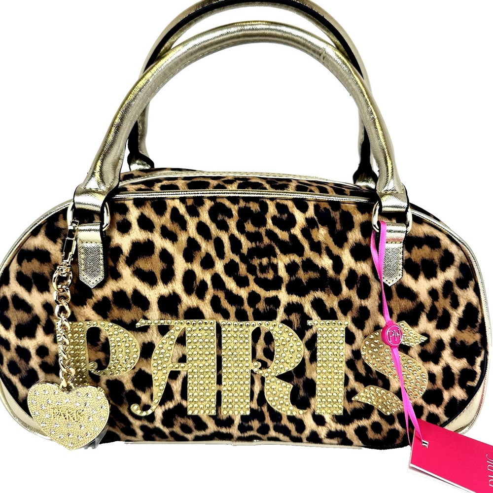 Paris Hilton Leopard‎ Bowler Bag Rhinestone Logo Gold Heart Charm Y2K